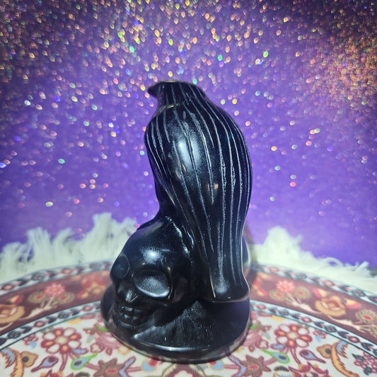 Black Obsidian Crow on Skulls Carving