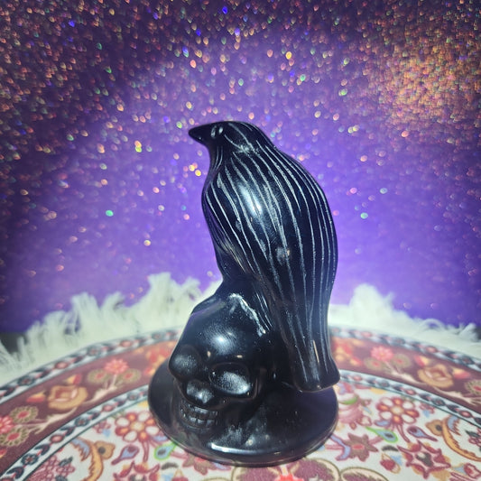 Black Obsidian Crow on Skulls Carving
