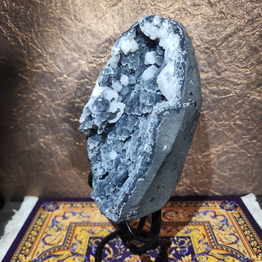 Druzy Black Agate and Calcite Specimen with Stand