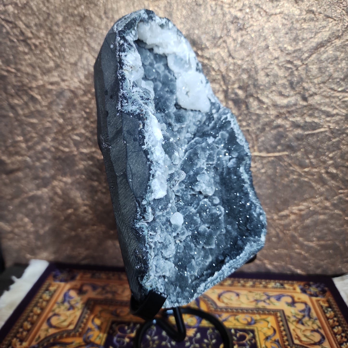 Druzy Black Agate and Calcite Specimen with Stand