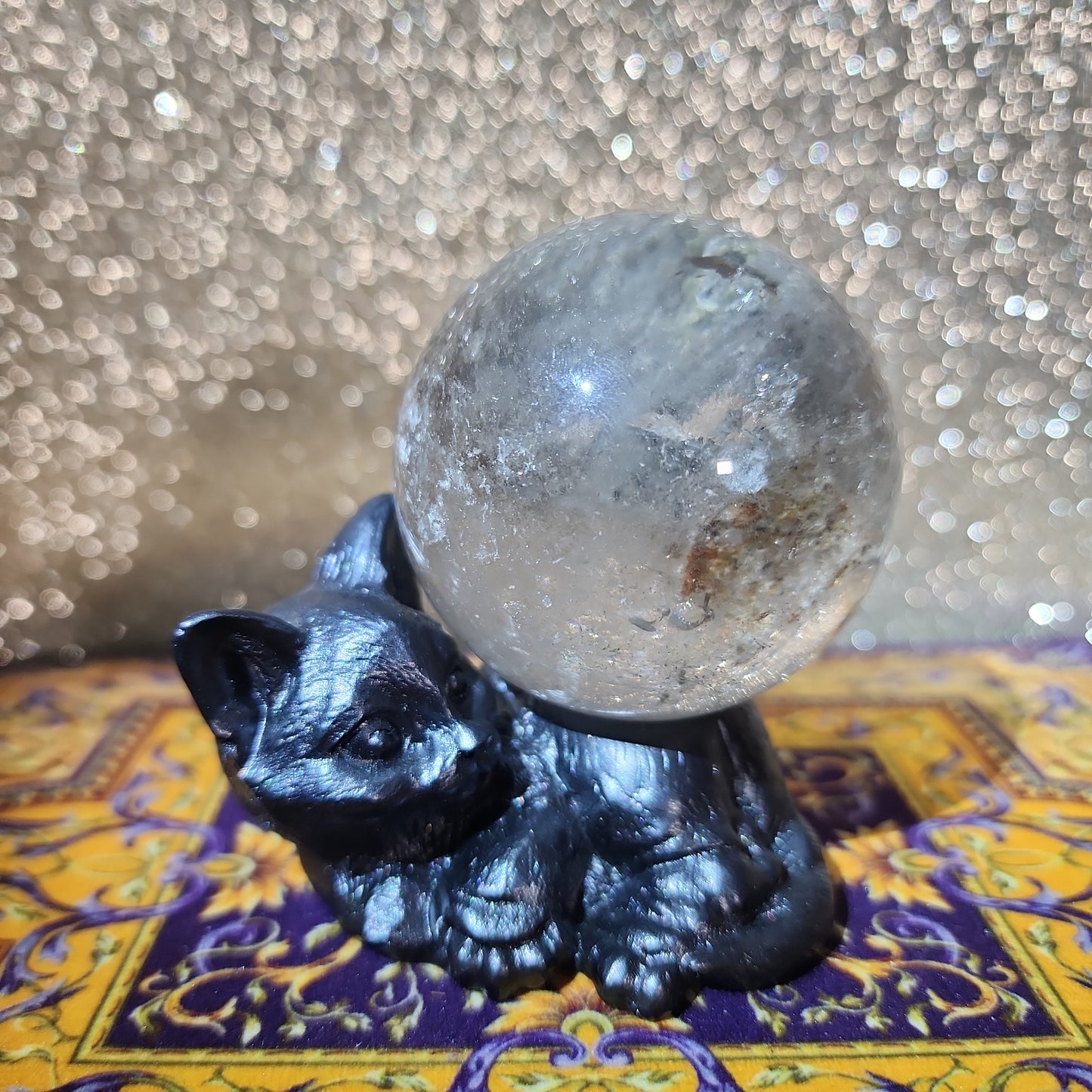 Garden Quartz Sphere with Cat Holder