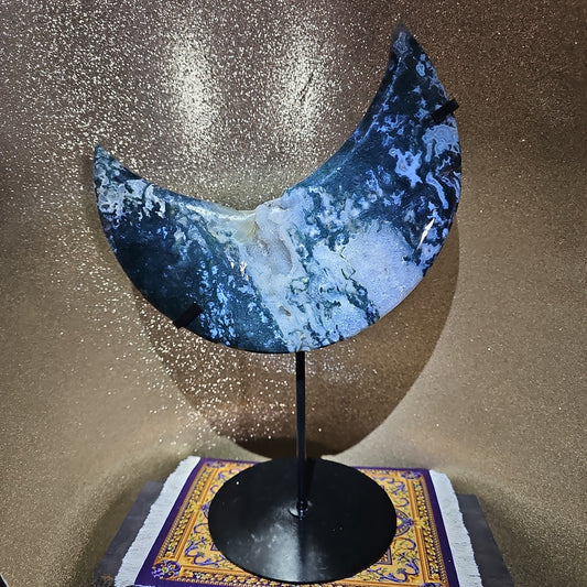Stunning Moss Agate Moon with Stand
