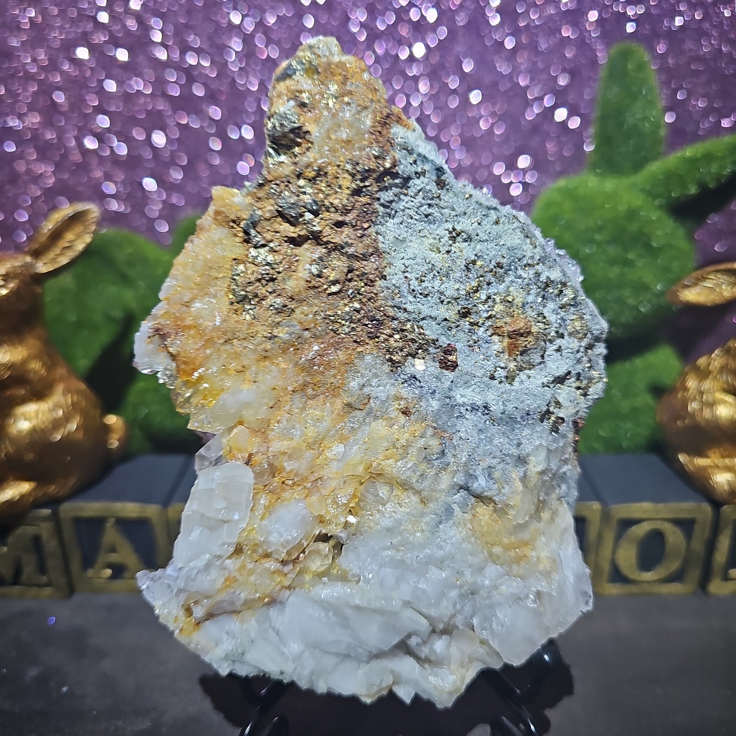 Pyrite Clear Quartz Calcite Specimen with a touch of Fluorite
