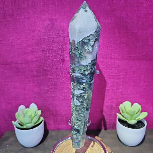 Moss Agate Wand Freeform with stand
