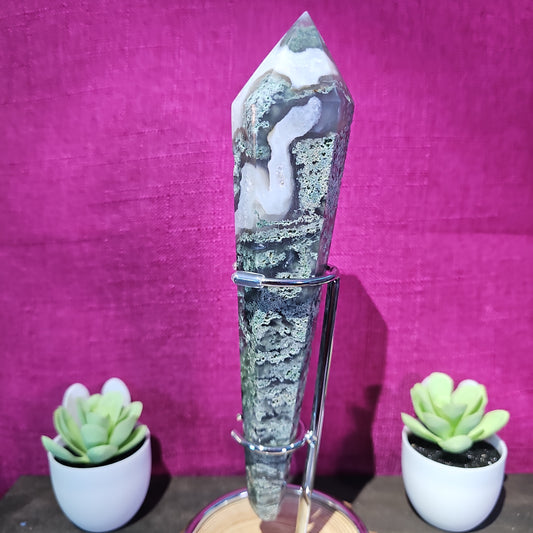 Moss Agate Wand Freeform with stand