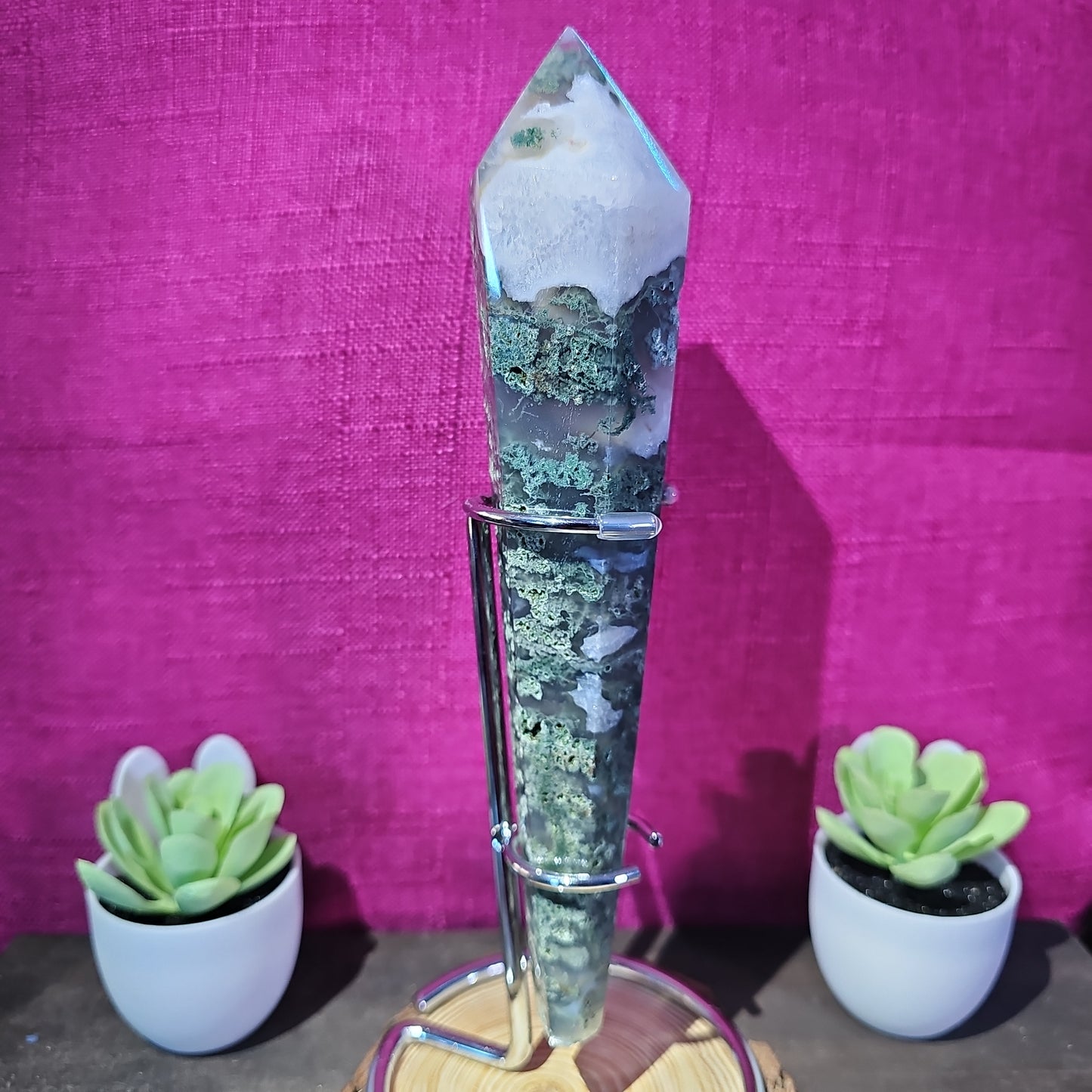 Moss Agate Wand Freeform with stand