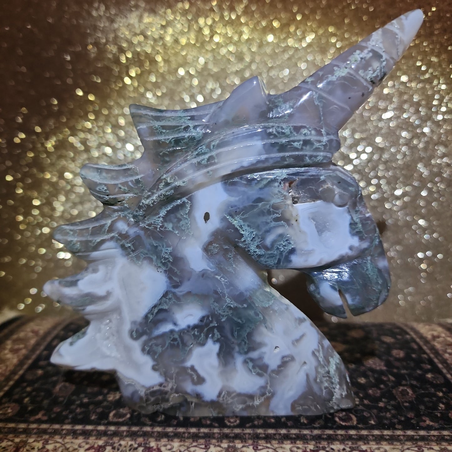 Moss Agate Unicorn Carving