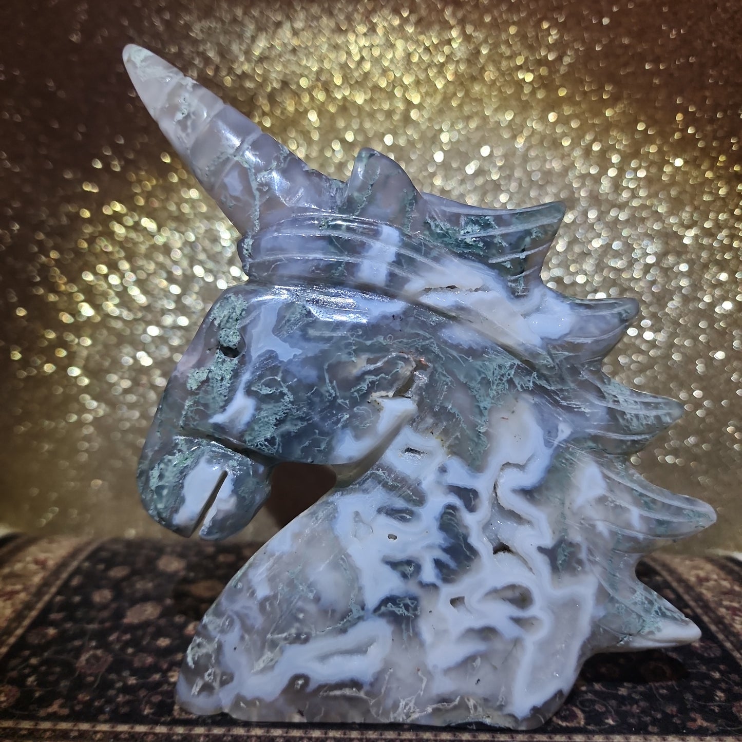 Moss Agate Unicorn Carving