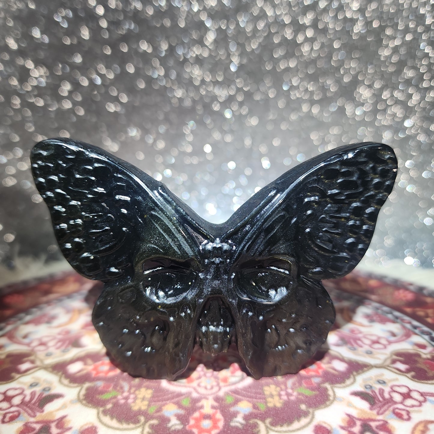 Golden Obsidian Butterfly and Skull Carving