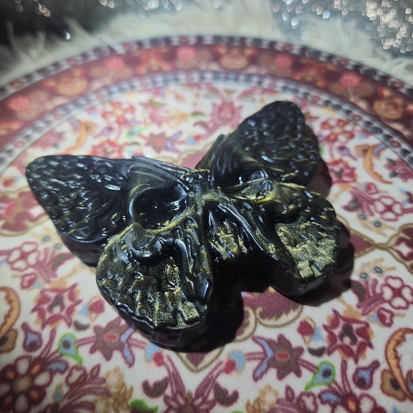 Golden Obsidian Butterfly and Skull Carving