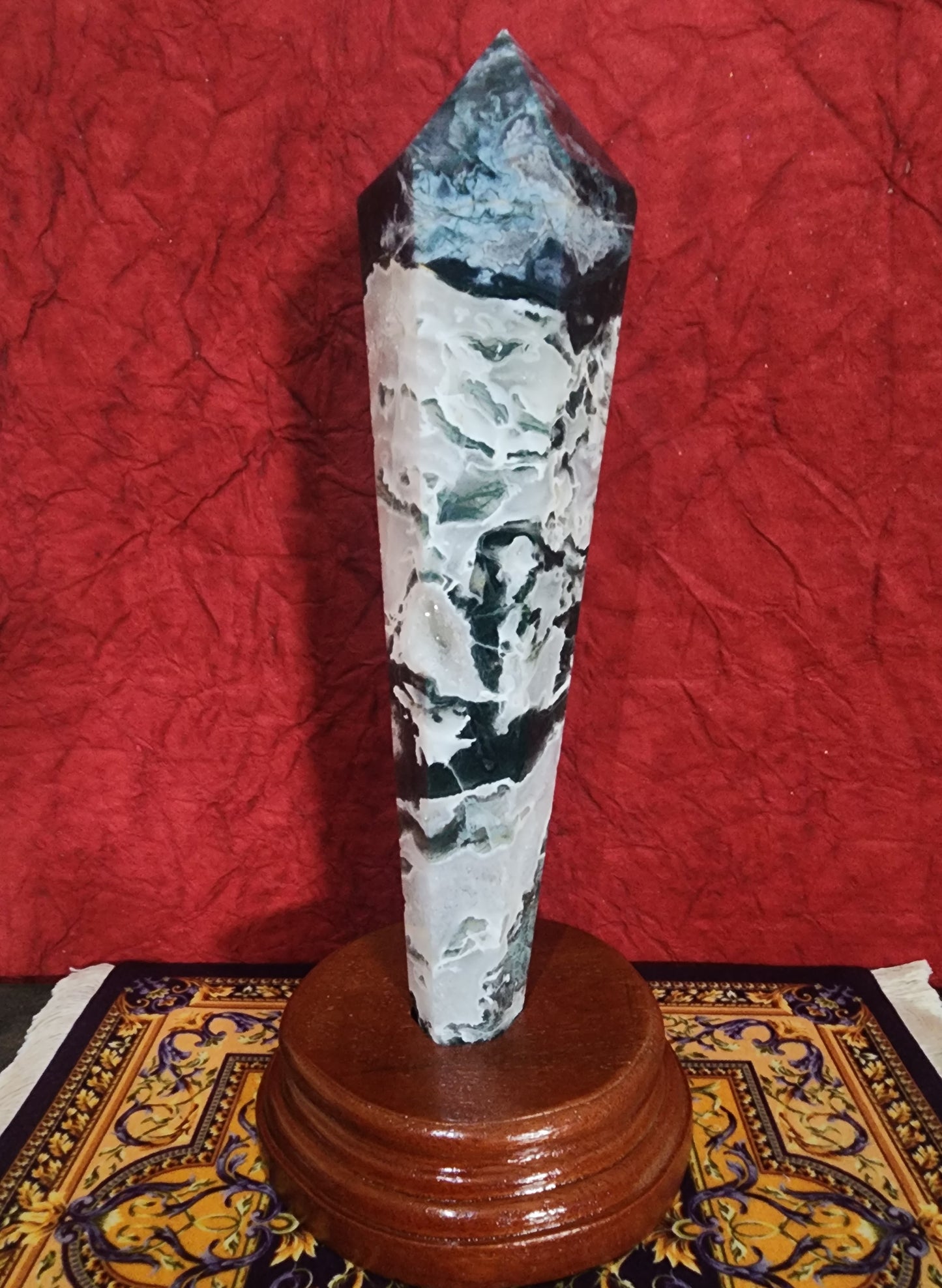 Moss Agate Wand Freeform with stand