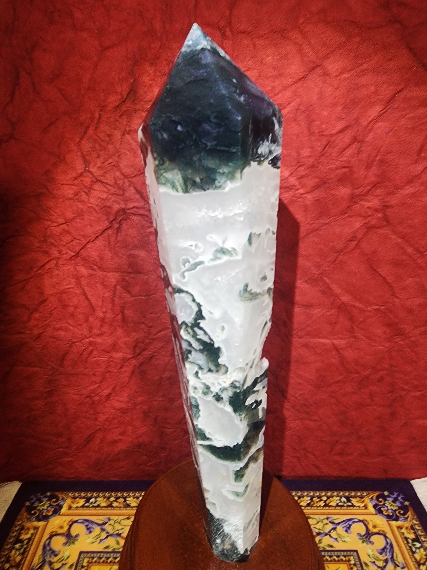 Moss Agate Wand Freeform with stand