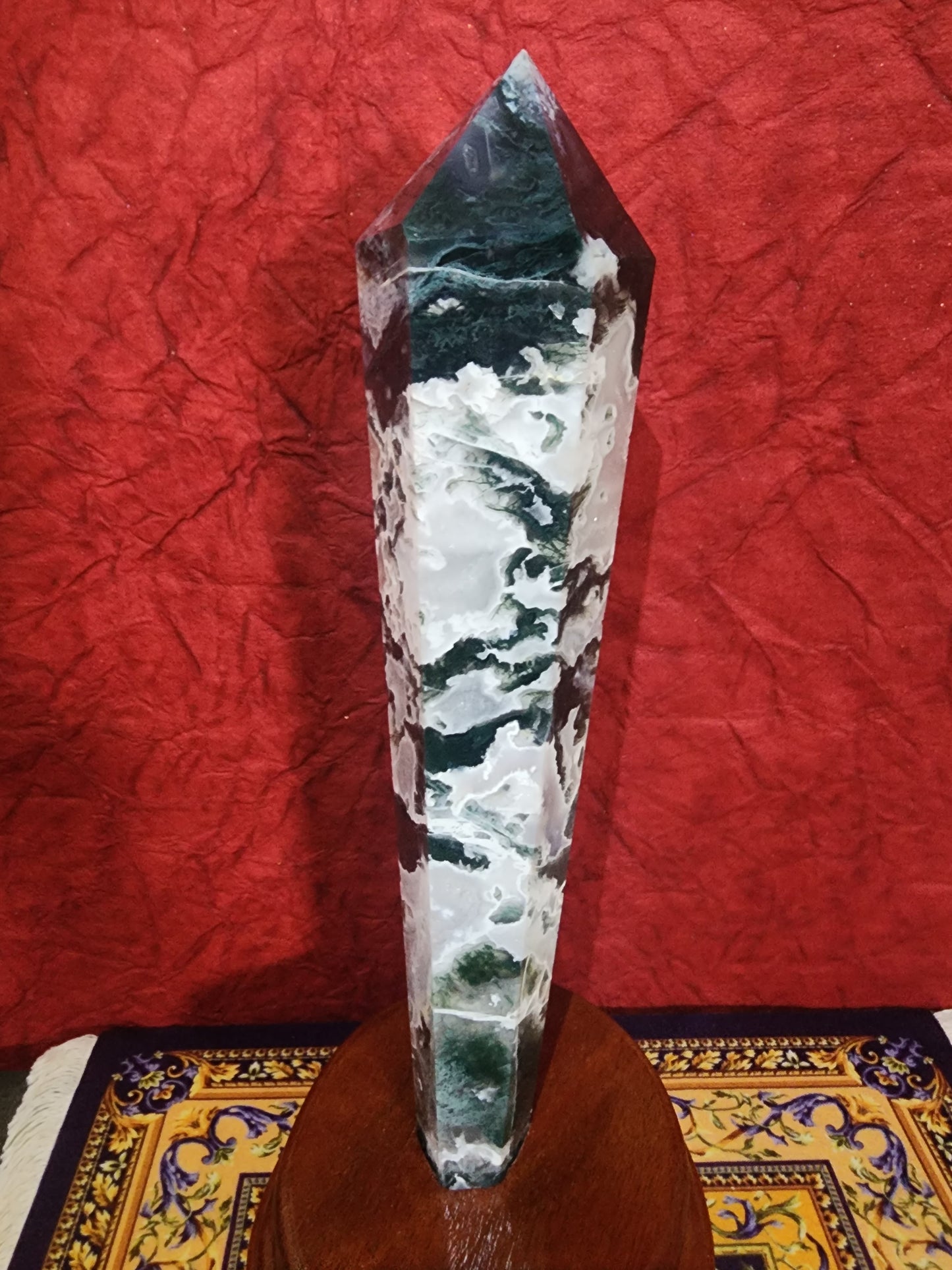 Moss Agate Wand Freeform with stand