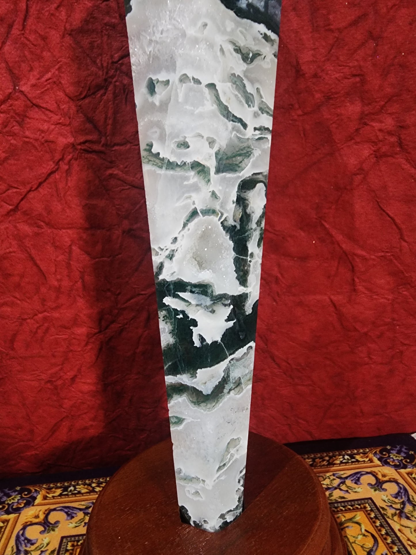 Moss Agate Wand Freeform with stand